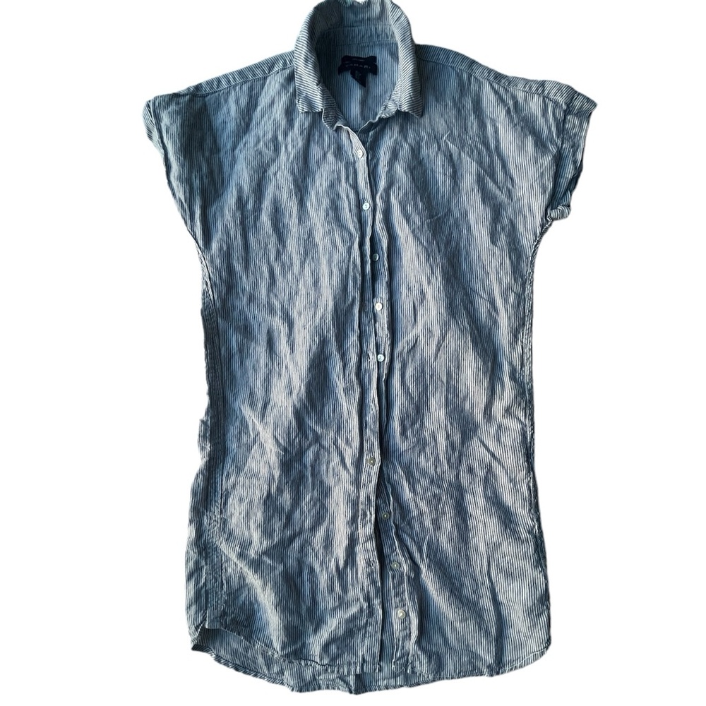 Tahiti 100% Linen Striped Blue Button Down Shirt Cuff Short Sleeve Dress S